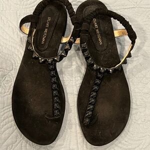 Stuart Weitzman Black Suede Flat T-Strap Sandal Size 8.5
